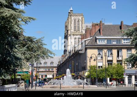 France, Somme, Abbeville, Bonaparte Place and Saint Vulfran Collegiate Church in the background Stock Photo