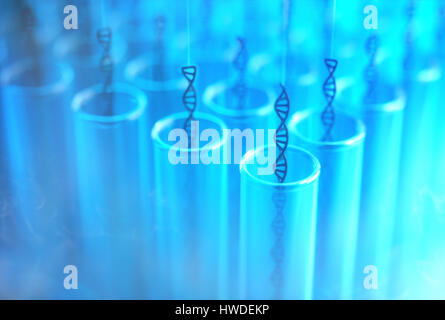 3D illustration. Several dna being withdrawn from the test tubes. Concept image of genetic cloning. Stock Photo
