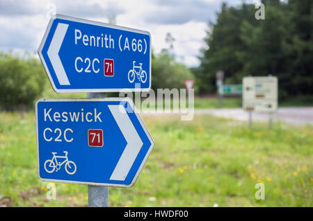 Signpost on C2C Route 71 of the UK's National Cycle Network from Whitehaven to Tynemouth Stock Photo