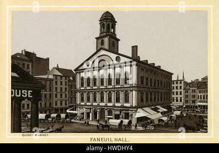 Antique 1883 monochromatic print from a souvenir album, showing Quincy Market at Faneuil Hall. Faneuil Hall located near the waterfront and today's Government Center, in Boston, Massachusetts, has been a marketplace and a meeting hall since 1743. Printed by the Glaser/Frey lithographic process, a multi-stone lithographic process developed in Germany. Stock Photo