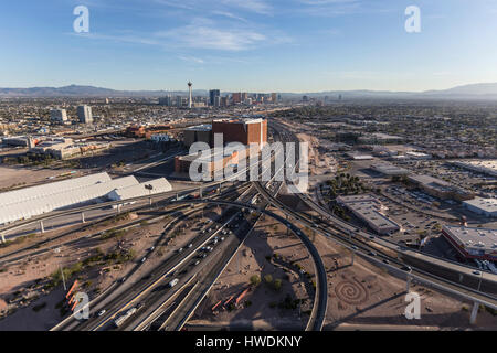 Las Vegas, Nevada, USA - March 13, 2017:  Aerial view of Interstate 15 leading towards the Las Vegas Strip. Stock Photo