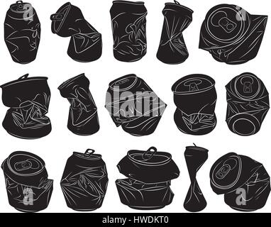 Set of different crushed cans isolated on white Stock Vector
