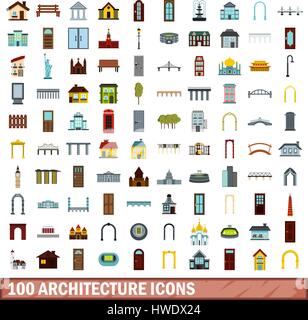 100 architecture icons set, flat style Stock Vector