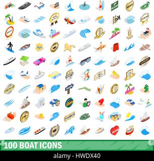 100 boat icons set, isometric 3d style Stock Vector