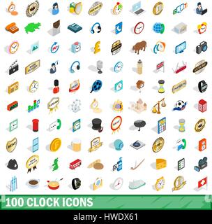 100 clock icons set, isometric 3d style Stock Vector