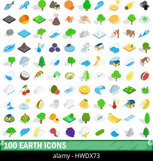 100 earth icons set, isometric 3d style Stock Vector