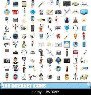 100 internet icons set, cartoon style Stock Vector