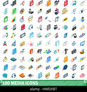 100 media icons set, isometric 3d style Stock Vector
