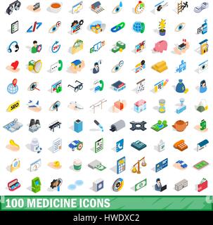 100 medicine icons set, isometric 3d style Stock Vector