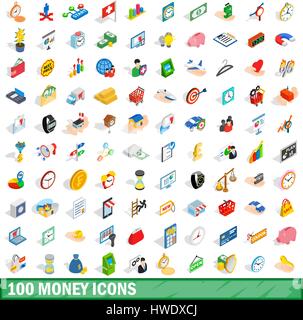 100 money icons set, isometric 3d style Stock Vector