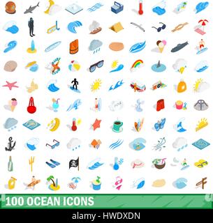 100 ocean icons set, isometric 3d style Stock Vector