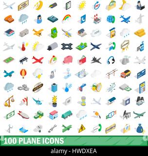 100 plane icons set, isometric 3d style Stock Vector