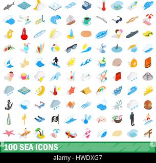 100 sea icons set, isometric 3d style Stock Vector