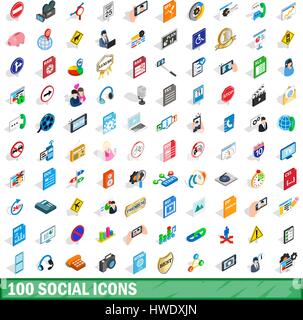 100 social icons set, isometric 3d style Stock Vector