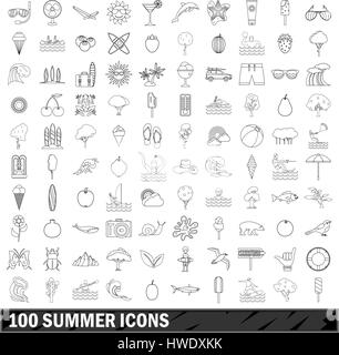 100 summer  icons set, outline style Stock Vector