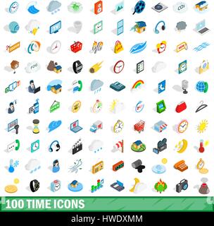 100 time icons set, isometric 3d style Stock Vector