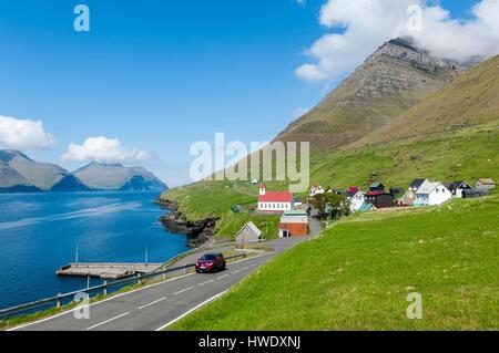 Denmark, Faroe Islands, Kunoy island, Kunoy, Kalsoy island on the left Stock Photo