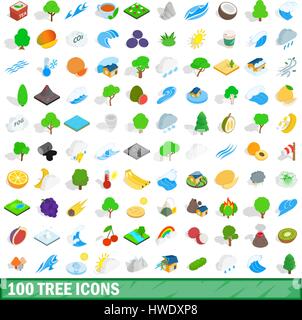 100 tree icons set, isometric 3d style Stock Vector