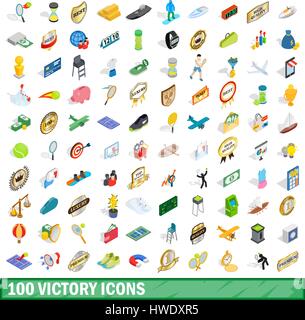 100 victory icons set, isometric 3d style Stock Vector