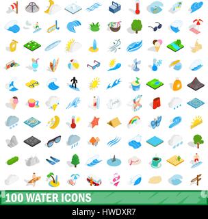 100 water icons set, isometric 3d style Stock Vector