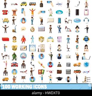100 working icons set, cartoon style Stock Vector
