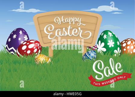 Happy Easter Background. Painting Eggs Hidden on Grass and Happy Easter Typographic on Wooden Sign Board. Vector illustration Stock Vector