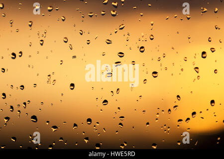 Abstract : Raindrops on a window with the setting sun. Stock Photo