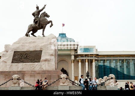 ULAANBAATAR, MONGOLIA - May 10, 2012: Statue of Damdin Sukhbaatar; the founding member of the Mongolian People's Party Stock Photo