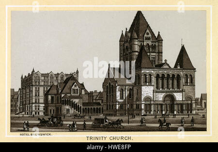 Antique 1883 monochromatic print from a souvenir album, showing the Trinity Church in Boston, Massachusetts. Trinity Church in the City of Boston, located in the Back Bay of Boston, Massachusetts, is a parish of the Episcopal Diocese of Massachusetts. Printed with the Glaser/Frey lithographic process, a multi-stone lithographic process developed in Germany. Stock Photo