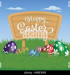 Happy Easter Background. Painting Eggs Hidden on Grass and Happy Easter Typographic on Wooden Sign Board. Vector illustration Stock Vector