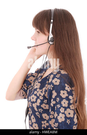 Beautiful customer service operator student girl with headset and laptop , isolated on white background. Stock Photo