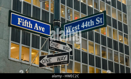 Street sign of Fifth Ave and West 44th St - New York, USA Stock Photo