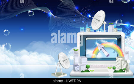 web,browser,internet,email,connected,desktop,click,mouse icon,arrow icon,arrow,sign,symbol,computer,satellite dish,global communications,receiver,radars,blue background,sky,clouds,decorative,building,building exterior,rainbow,signal,computer screen,visual screen,computer laptop,wireless,shiny Stock Photo