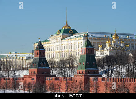 View of the Grand Kremlin Palace founded by Emperor Nicholas I, was built in 1838-1849 years, and towers of the Moscow Kremlin Stock Photo