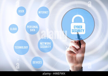 hand touching a touch screen interface with cyber security Stock Photo
