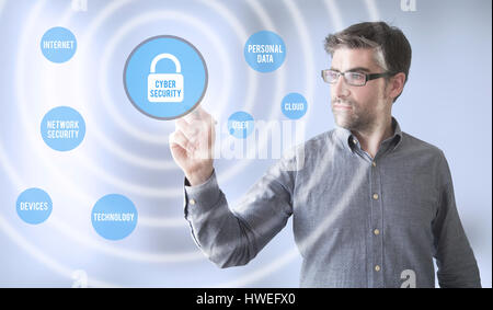 businessman touching cyber security balls. Stock Photo