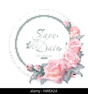 Round floral frame. Delicate wedding floral vector design frame. Pink rose flowers. Colorful objects set. All elements are isolated and editable. Real Stock Vector