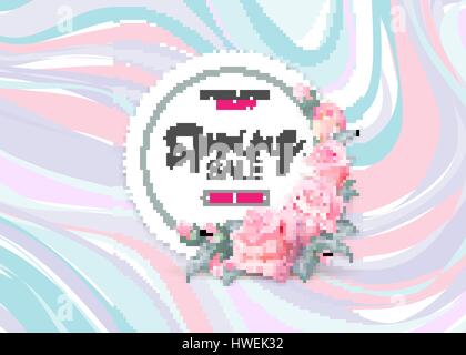 Spring sale vector banner design with flowers and frame. Pink roses on marble background. Stock Vector