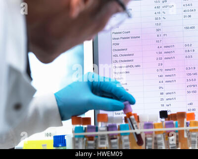 Medical Testing, Haematologist checking medical samples including blood for testing with results on the computer screen Stock Photo