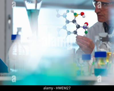 Researcher using a molecular model to understand a chemical formula in a laboratory Stock Photo