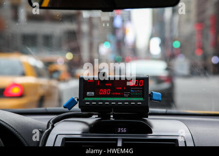 New York City, New York, USA, February 16, 2015.View from cab with meter display in New York on February 16, 2015. Stock Photo