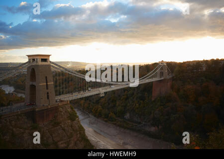 Elevated landscape of Clifton suspension bridge over Avon Gorge at dusk, Bristol, UK Stock Photo