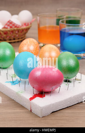 Preparing for the holiday Easter. The process of painting eggs with food coloring Stock Photo