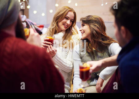 Friends enjoying mulled wine in chalet Stock Photo