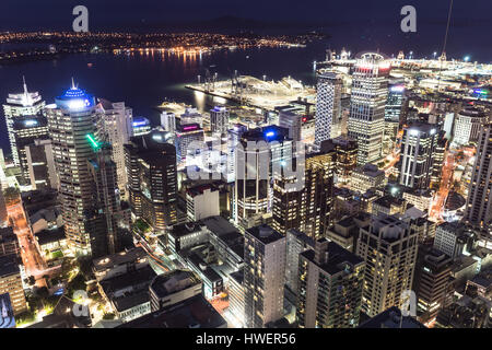 AUCKLAND, NEW ZEALAND - MARCH 1, 2017: An aerial view of Auckland central business district at night with the Hauraki gulf in the background. This is  Stock Photo
