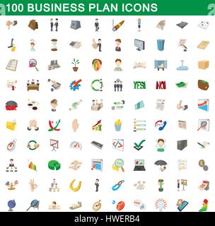 100 business plan icons set, cartoon style Stock Vector
