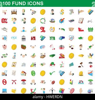 100 fund icons set, cartoon style Stock Vector
