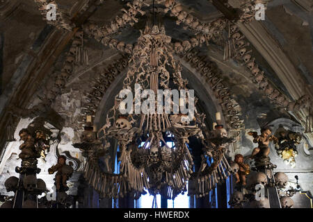 Interior of the Sedlec ossuary (Kostnice) decorated with skulls and bones. Kutna Hora, Czech Republic Stock Photo