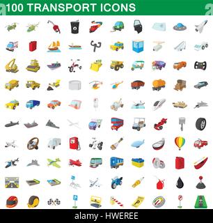100 transport icons set, cartoon style Stock Vector