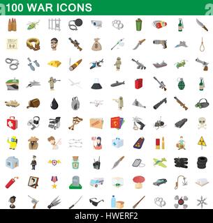 100 war icons set, cartoon style Stock Vector